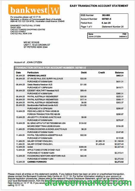 Australia Bankwest account statement Word and PDF template